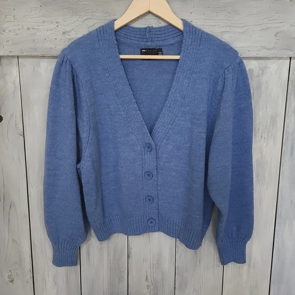ASOS Design V-Neck Cardigan Puff Sleeve Blue UK 16 | US 12 NEW NWT - Picture 3 of 15